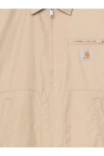 Beige carhartt wip men’s postal cotton jacket with front zipper chest pocket and two large flap pockets