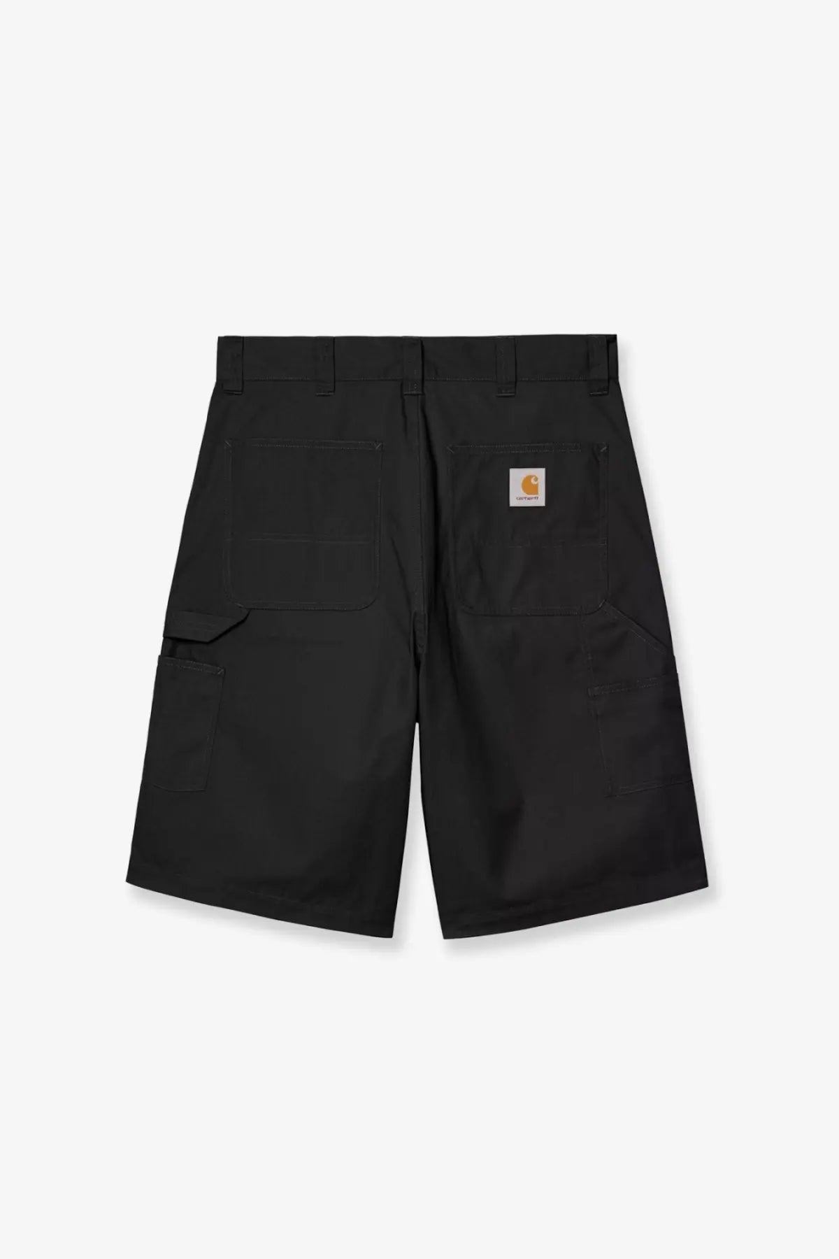 Back view of black carhartt wip men’s postal dk cotton blend bermuda shorts with durable fabric and logo patch pocket