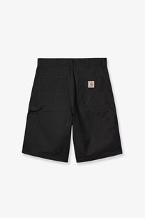 Back view of black carhartt wip men’s postal dk cotton blend bermuda shorts with durable fabric and logo patch pocket