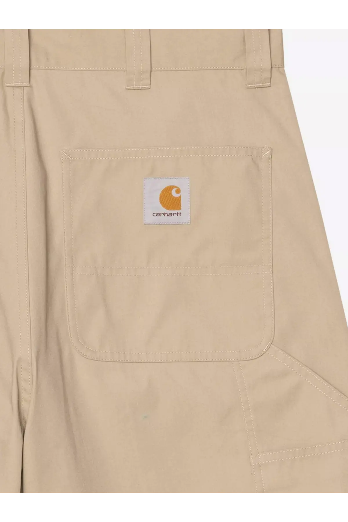 Beige carhartt wip men’s postal dk cotton blend bermuda shorts with white front pocket patch and orange logo