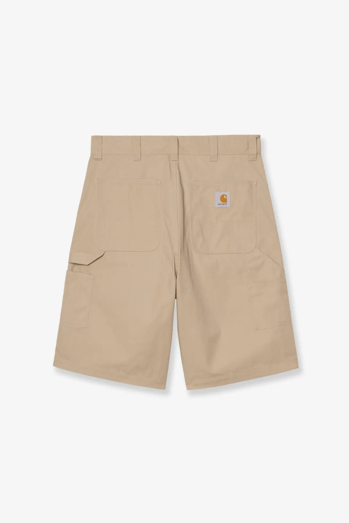Beige carhartt wip men’s postal dk cotton blend bermuda shorts with multiple pockets and back logo patch shown from back