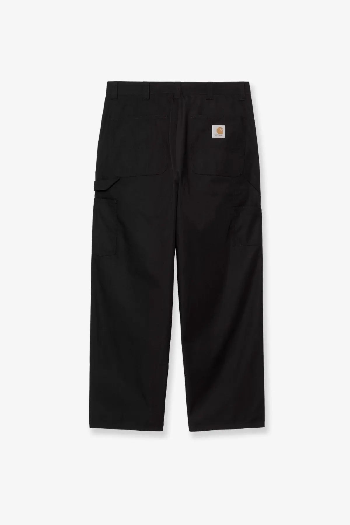 Back side of black Carhartt Wip men’s postal single knee cotton blend work trousers with classic durable design and subtle patch