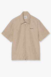 Beige carhartt wip men’s postal zip short-sleeved shirt with collar and subtle embroidered branding in iroko color