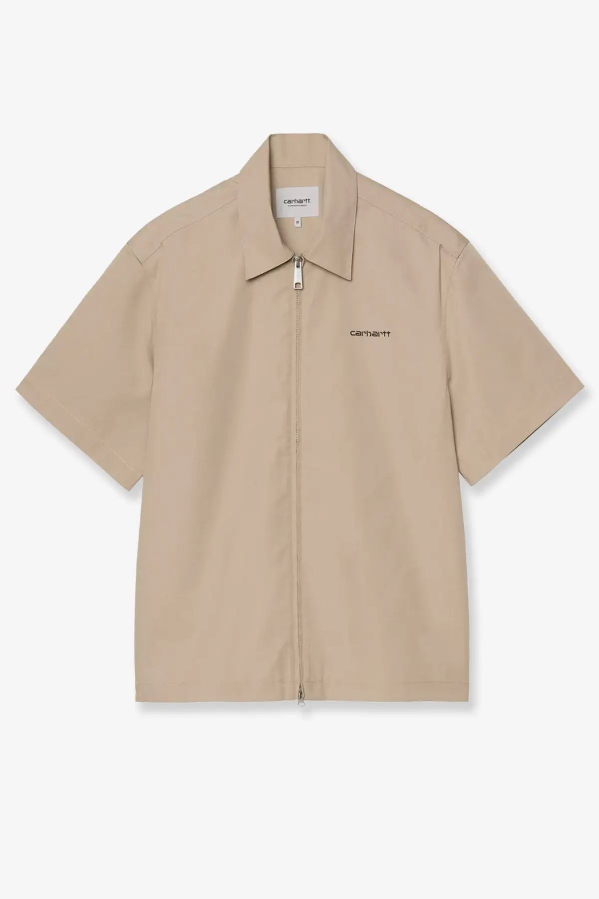 Beige Carhartt WIP men’s postal zip shirt with short sleeves collar zipper and subtle embroidered branding