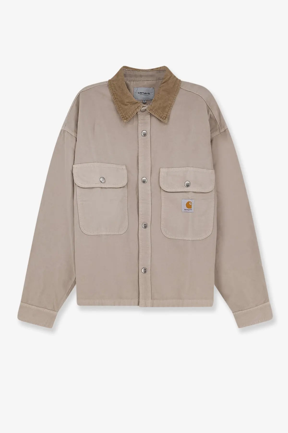 Beige carhartt wip men’s prescott canvas jacket with tan corduroy collar and front button closure