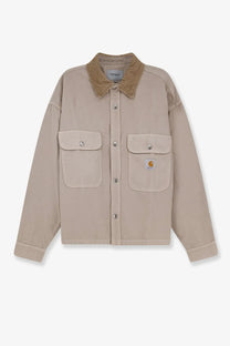 Beige carhartt wip men’s prescott canvas jacket with tan corduroy collar and front button closure