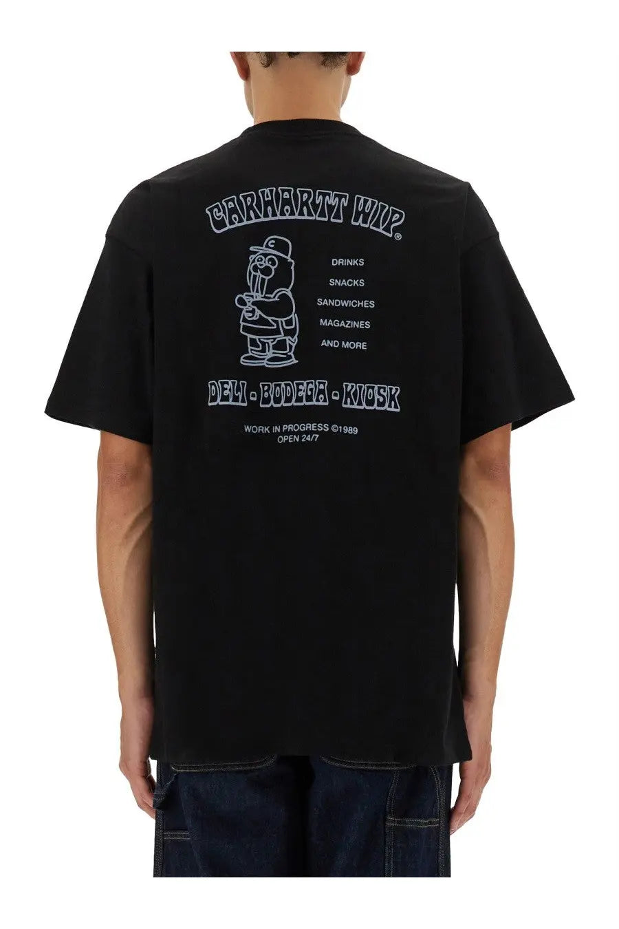 Black Carhartt Wip men’s sandwich shirt featuring a white outlined cartoon graphic on a cotton t-shirt