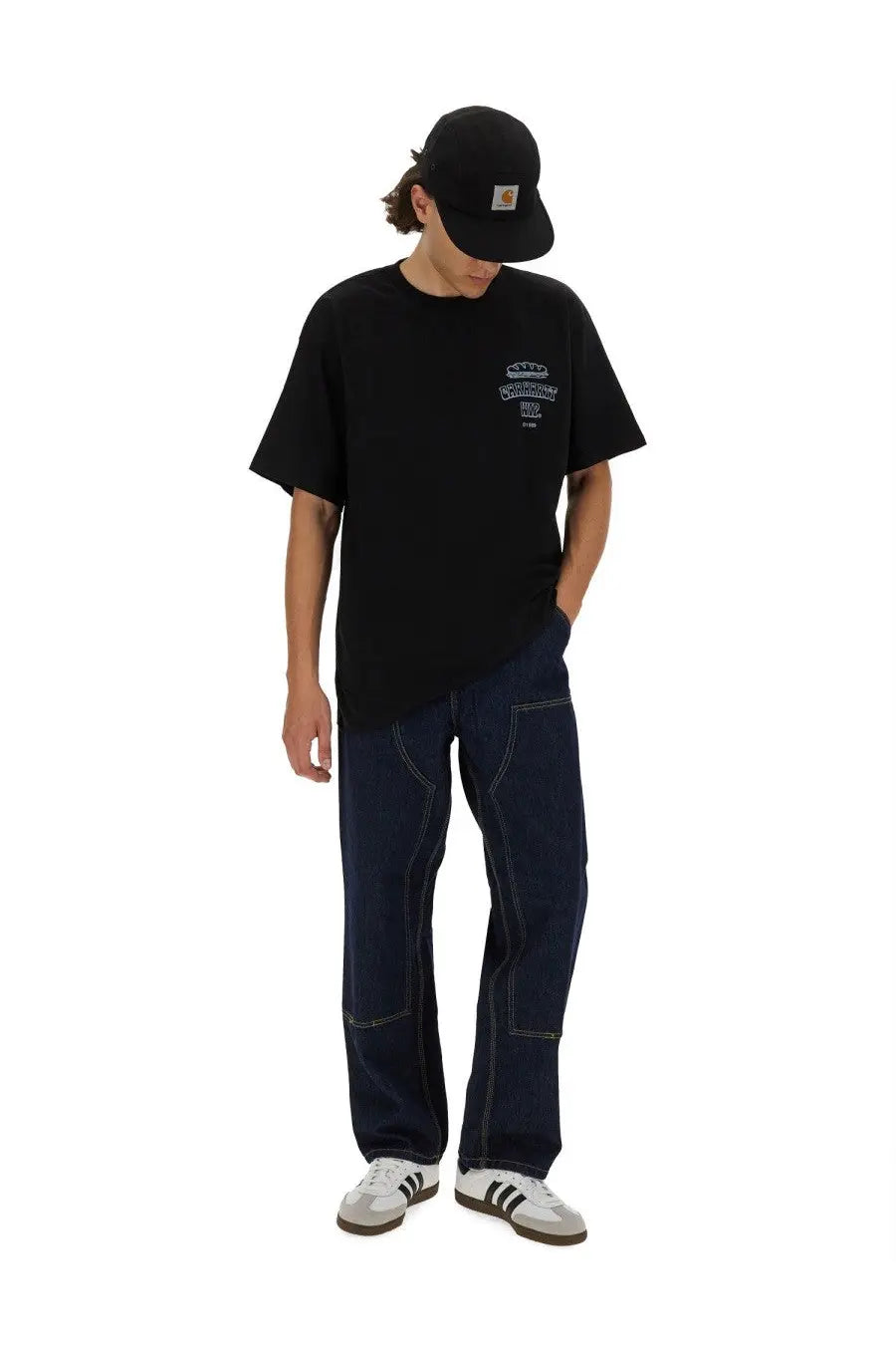 Carhartt Wip men’s black sandwich shirt made of cotton with a white embroidered logo on the chest
