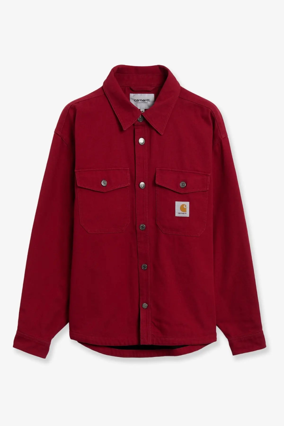 Red carhartt wip men’s selby cotton work shirt with two chest pockets and silver buttons