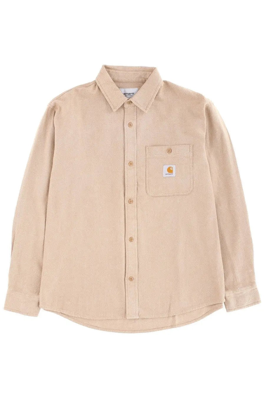 Carhartt Wip men’s shirt Edgar beige with subtle textured weave button down front and chest pocket with orange logo patch