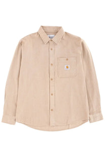 Carhartt Wip men’s shirt Edgar beige with subtle textured weave button down front and chest pocket with orange logo patch