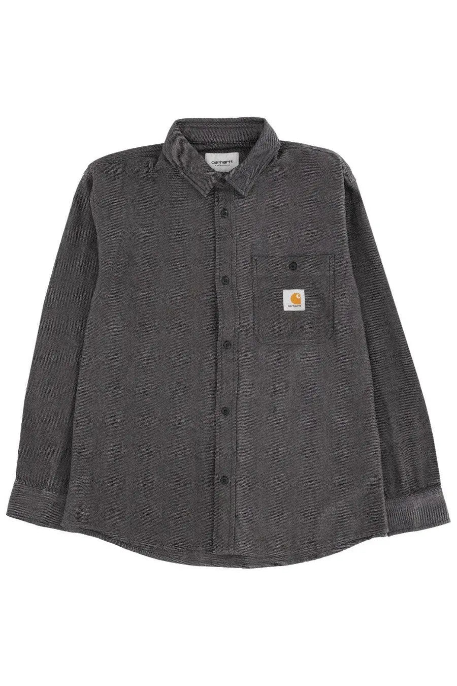 Carhartt wip men’s dark gray corduroy work shirt with button-up front and chest pocket with orange logo patch