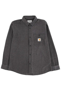 Carhartt wip men’s dark gray corduroy work shirt with button-up front and chest pocket with orange logo patch