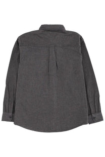 Dark gray textured cotton carhartt wip men’s shirt edgar black with classic collar and pleated back shown from behind