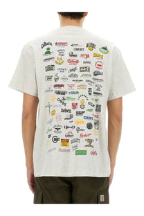 Heather gray Carhartt Wip men’s short-sleeved shirt with vintage colorful logo collage on front in cotton material