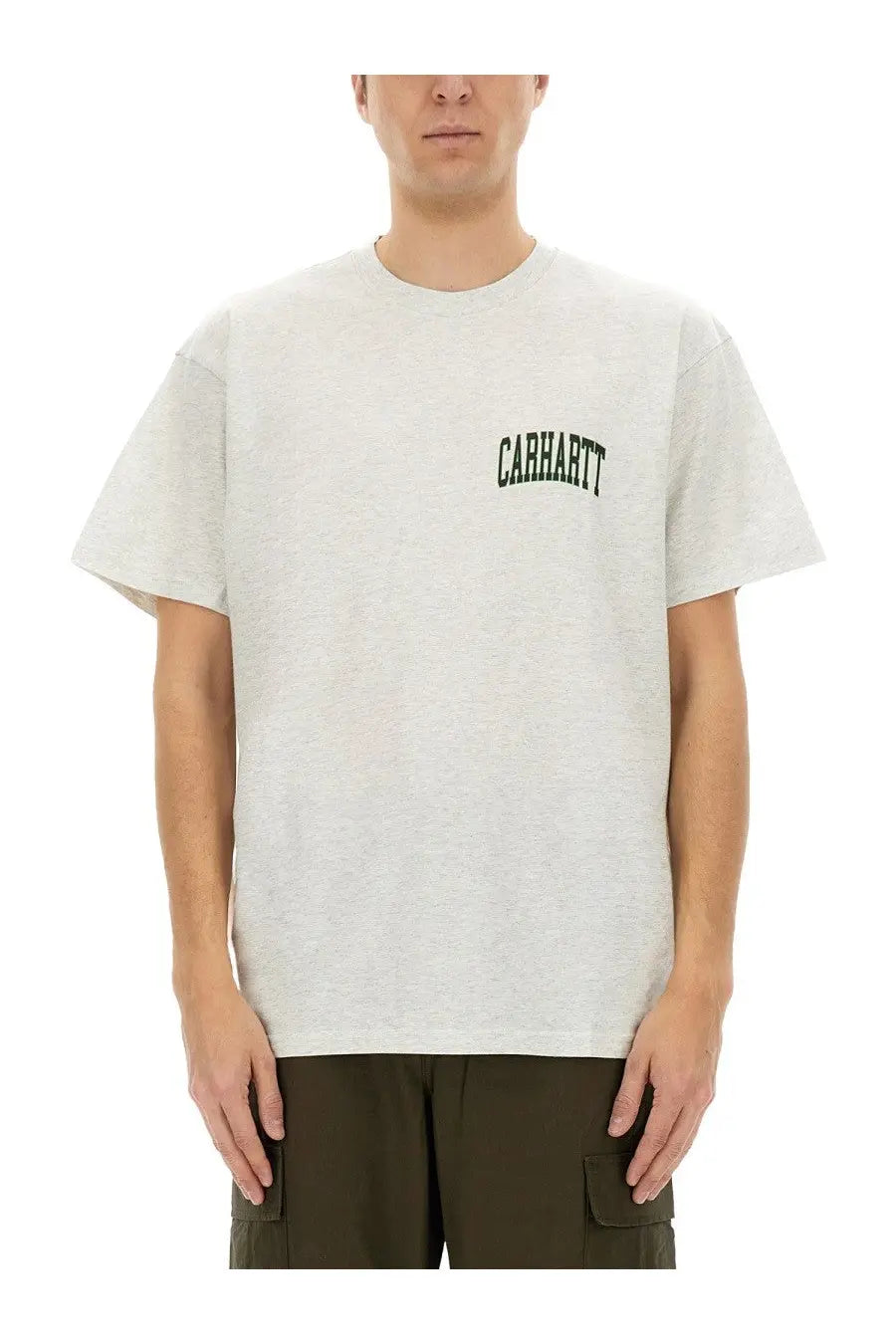 Heather gray Carhartt Wip men’s shirt featuring a black arched logo on the left chest in soft cotton material