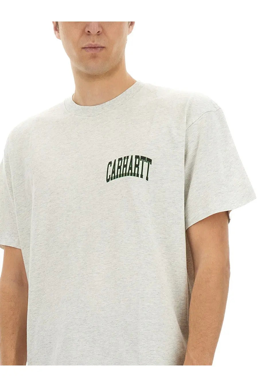 Heather gray Carhartt Wip men’s t-shirt with black arched logo across the chest in soft cotton fabric