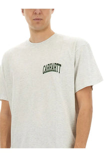 Heather gray Carhartt Wip men’s shirt with black arched logo across the chest in soft cotton material