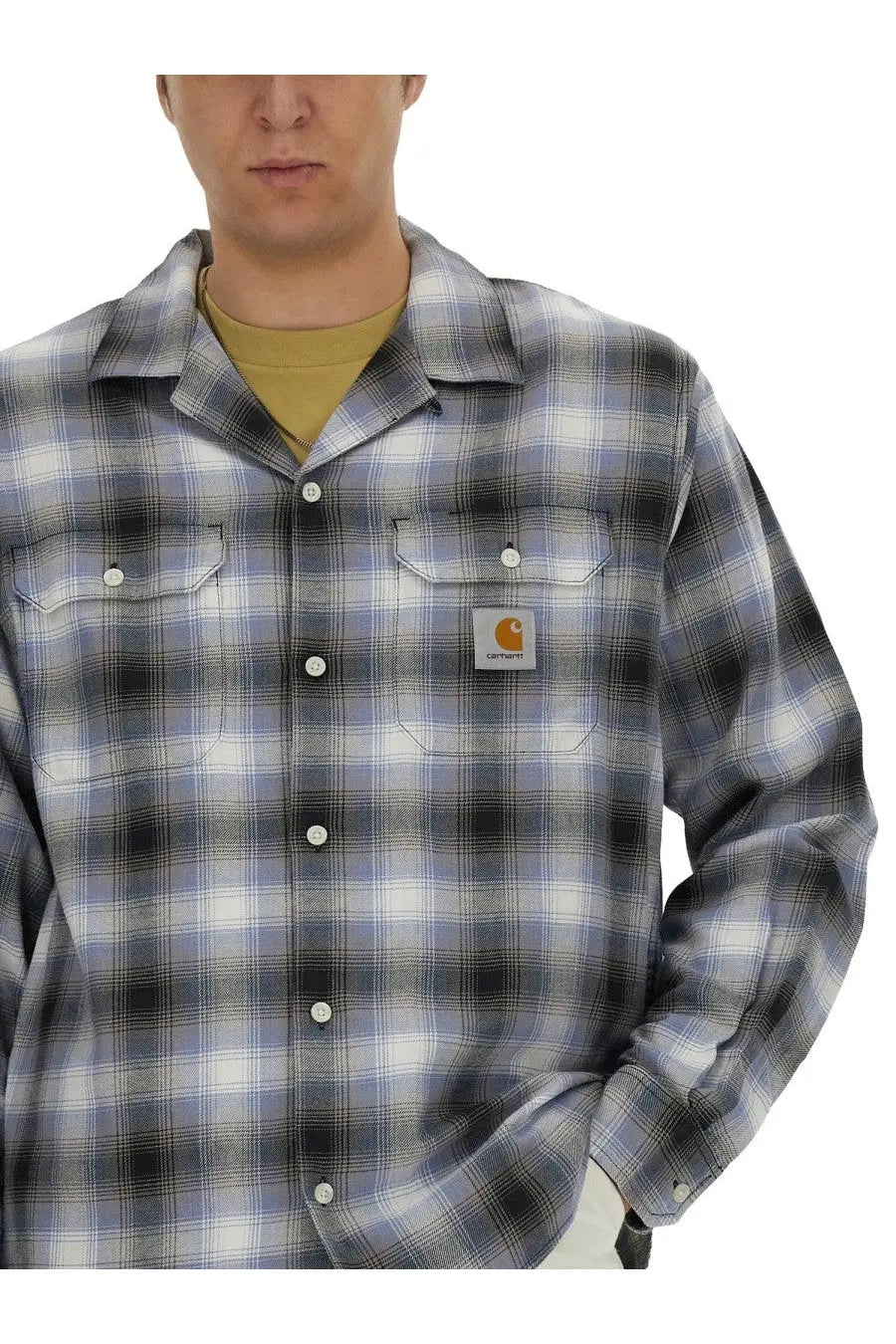 Carhartt wip men’s long-sleeve button-up shirt in gray black and white plaid with logo patch on left chest
