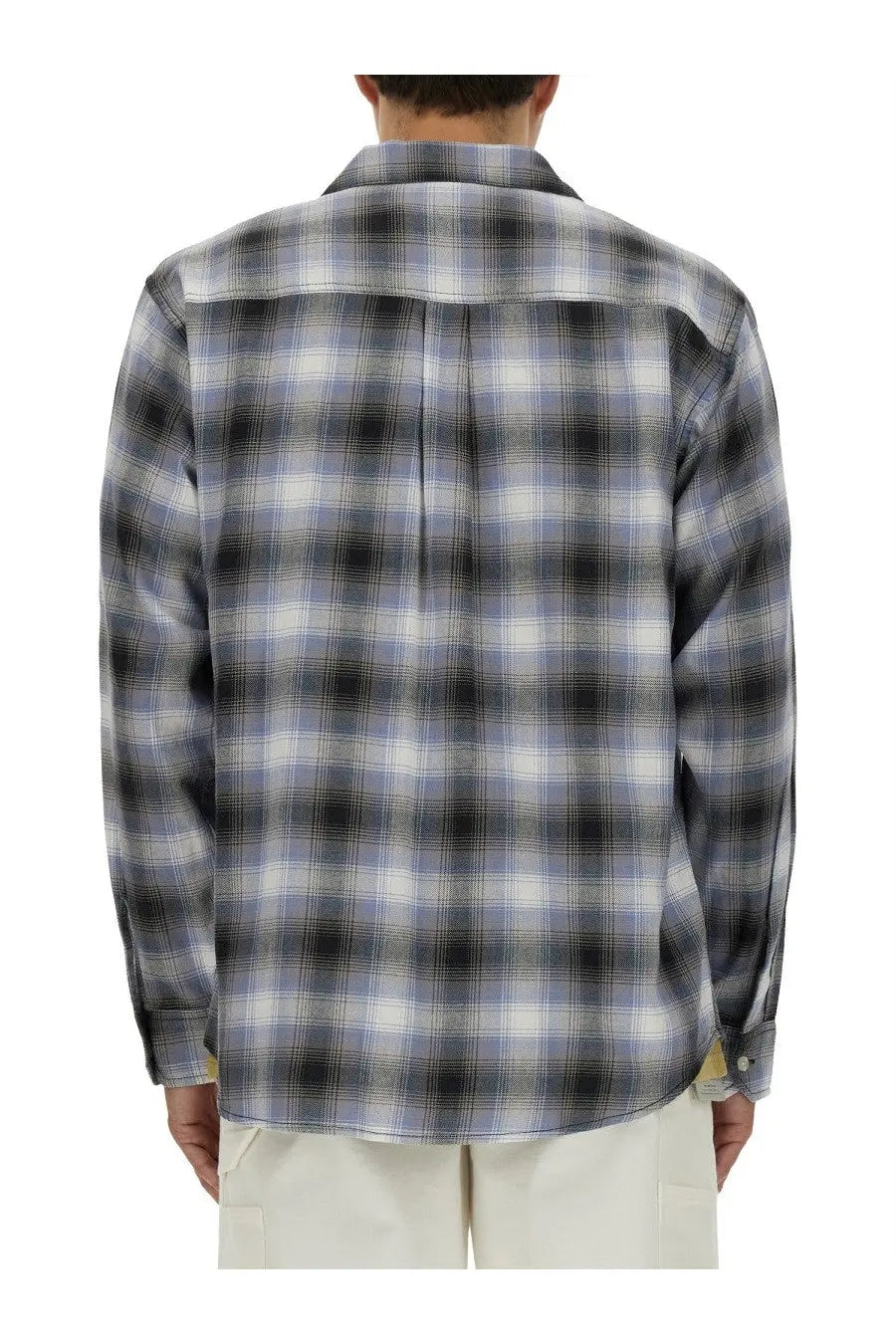 Carhartt Wip men’s long-sleeved plaid shirt in gray black and white with classic collar and buttoned cuffs