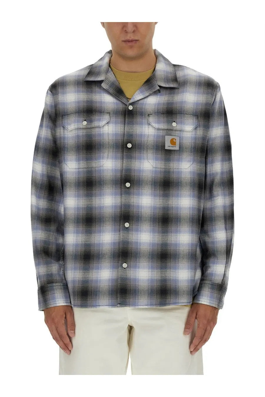 Carhartt Wip men’s long-sleeved plaid shirt in gray black and white checks with buttoned chest pockets