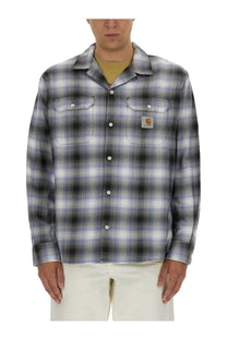 Carhartt Wip men’s long-sleeved plaid shirt in gray black and white checks with buttoned chest pockets