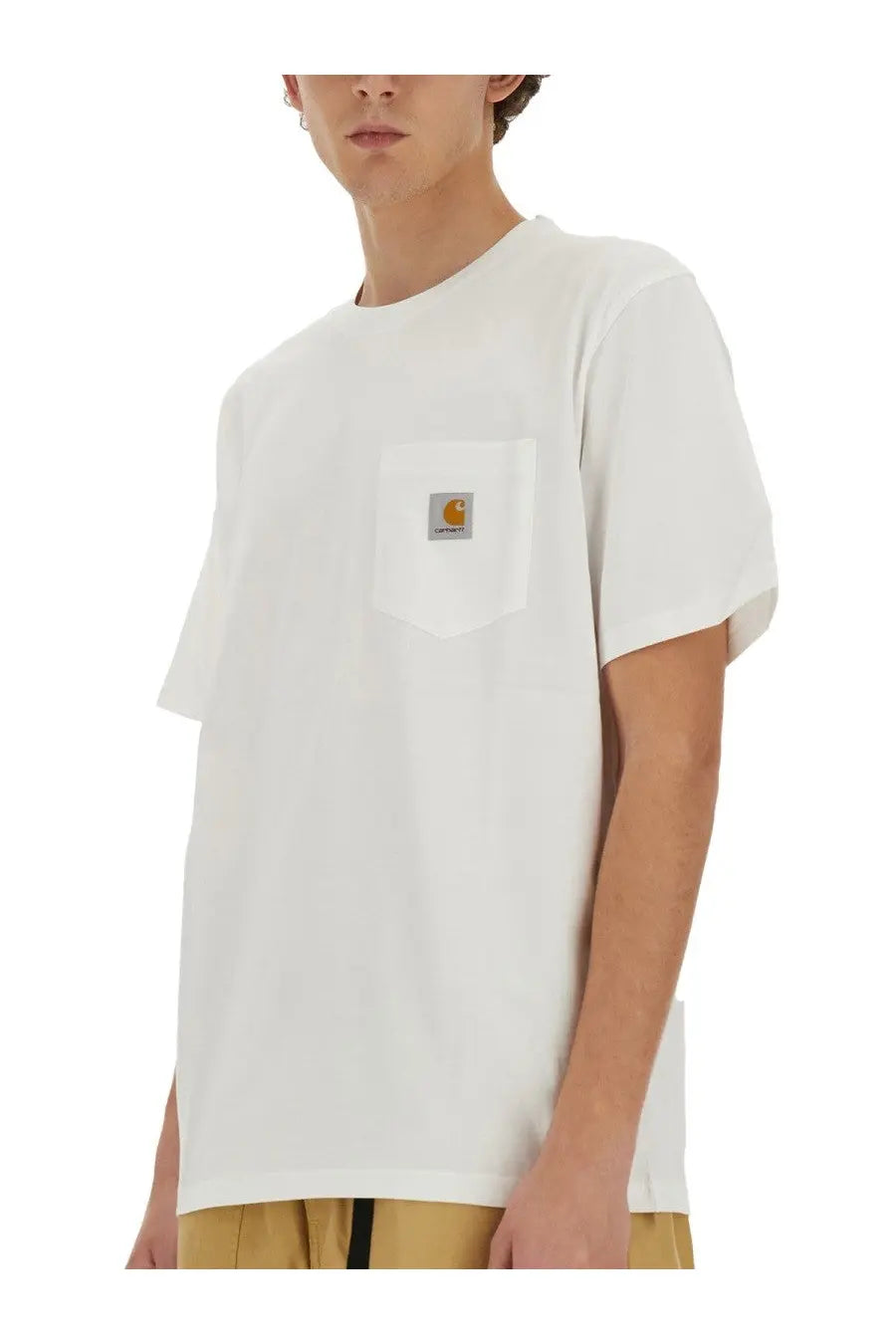 Carhartt Wip men’s white cotton t-shirt with chest pocket and iconic orange and black logo patch