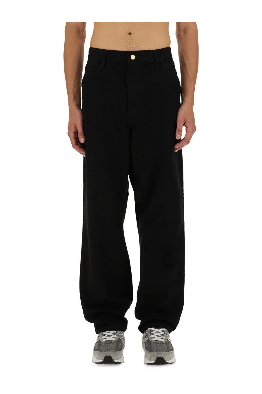 Black carhartt wip men’s single knee wide-leg trousers with gold-toned waistband button
