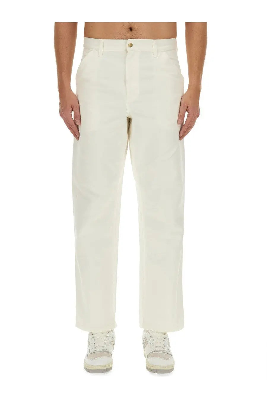 Carhartt Wip men’s cream-colored straight-leg chino pants with five-pocket design and button closure