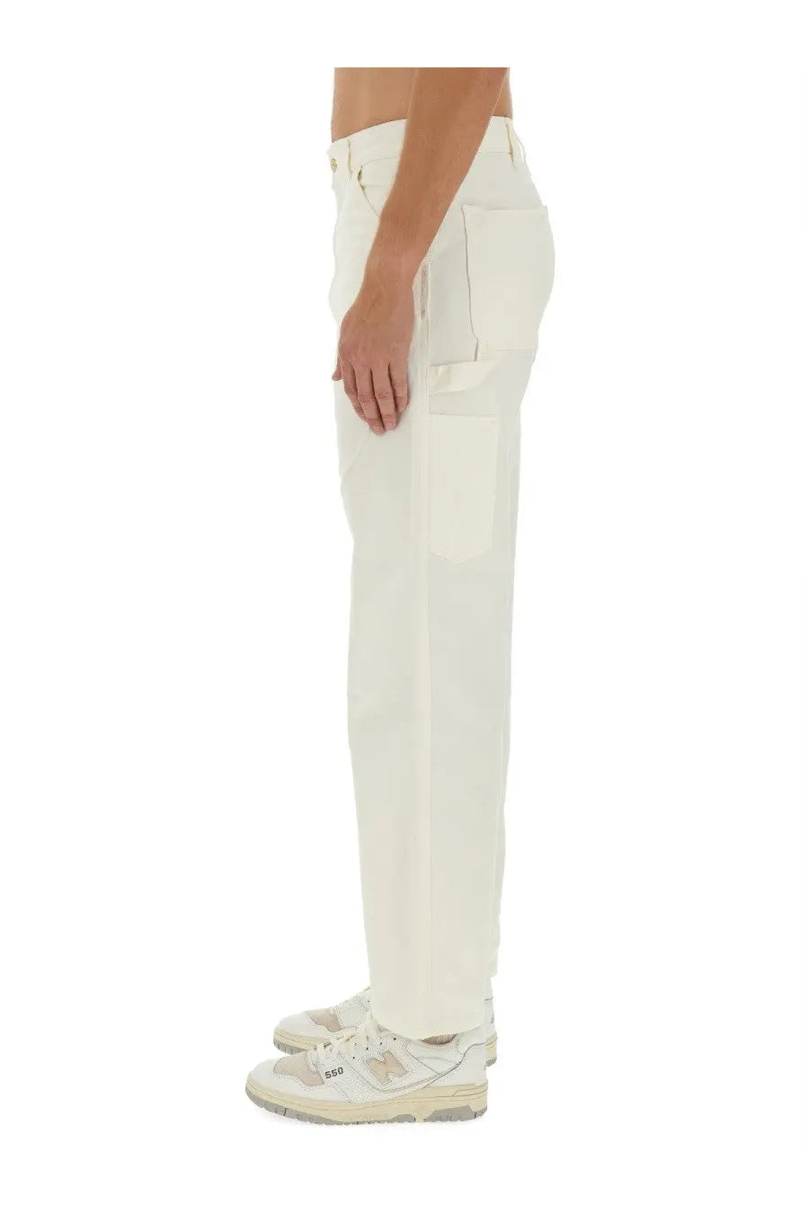 Carhartt Wip men’s white single knee pants in denim with a straight-leg cut and multiple functional pockets