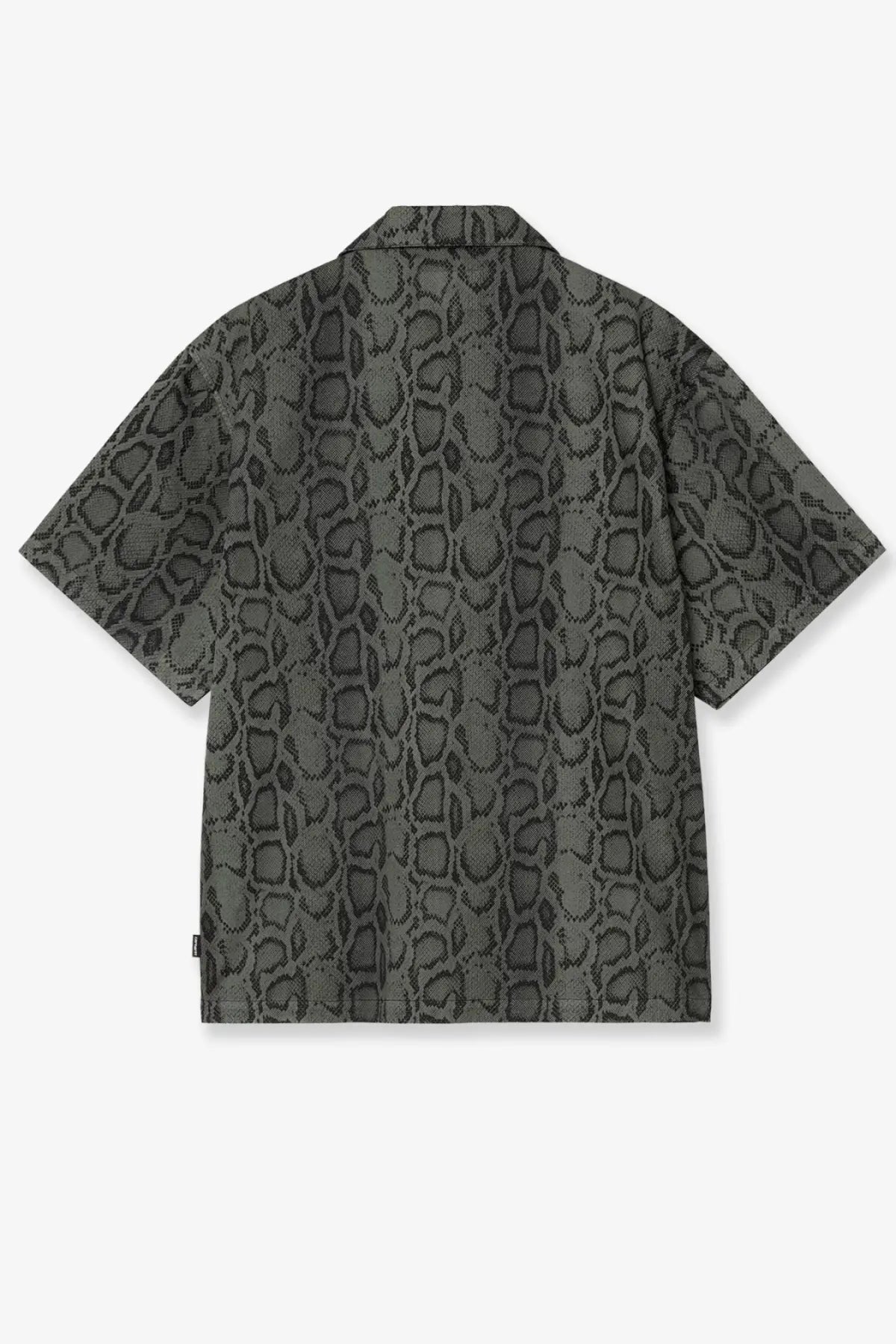 Carhartt wip men’s dark gray short-sleeved cotton shirt with subtle snakeskin pattern and green camouflage accents