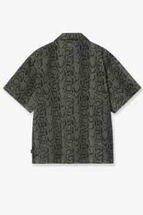 Carhartt wip men’s dark gray short-sleeved cotton shirt with subtle snakeskin pattern and green camouflage accents