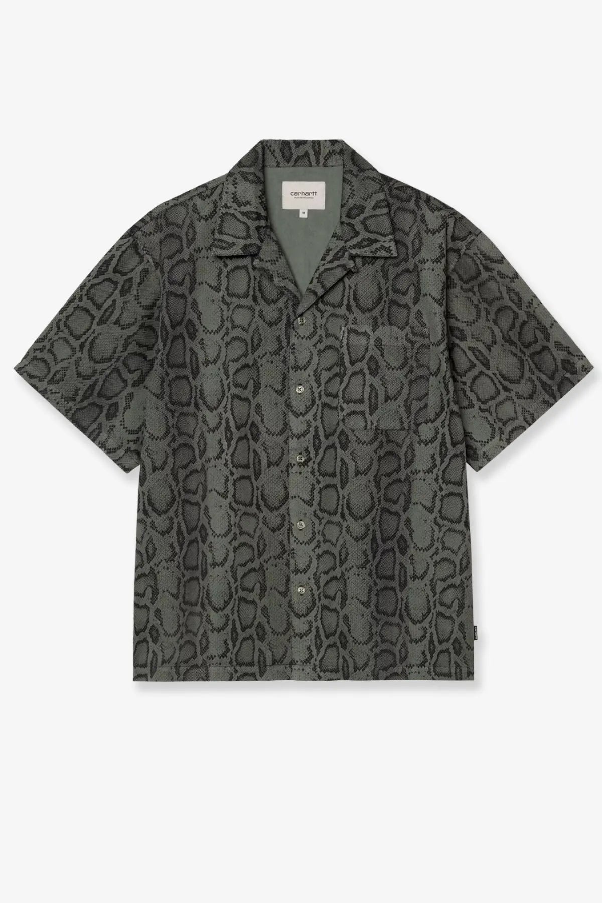 Carhartt wip men’s dark gray short-sleeved cotton shirt with subtle snake-scale pattern and classic collar