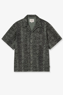 Carhartt wip men’s dark gray short-sleeved cotton shirt with subtle snake-scale pattern and classic collar