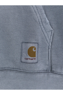 Gray carhartt sweatshirt with gold logo patch and red stitching made from cotton for casual wear