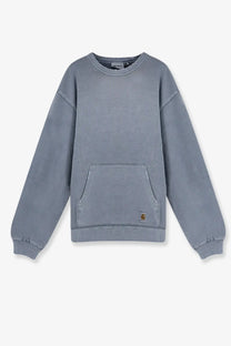 A soft slate-gray Carhartt Wip men’s Torion cotton crew neck sweatshirt with a front kangaroo pocket