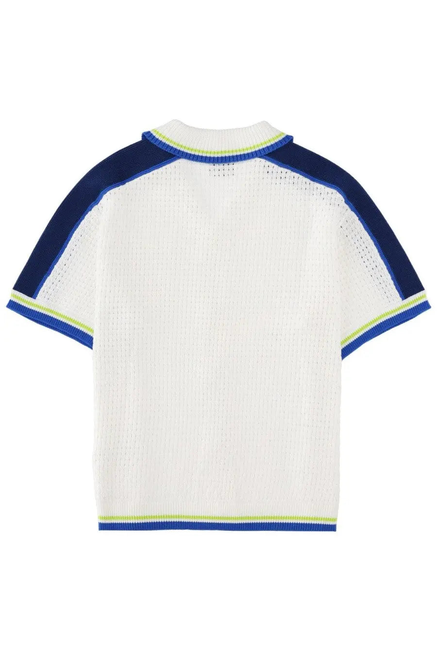 Casablanca men’s camicia white knit short-sleeved top with navy blue and lime green trim in crochet multicolor
