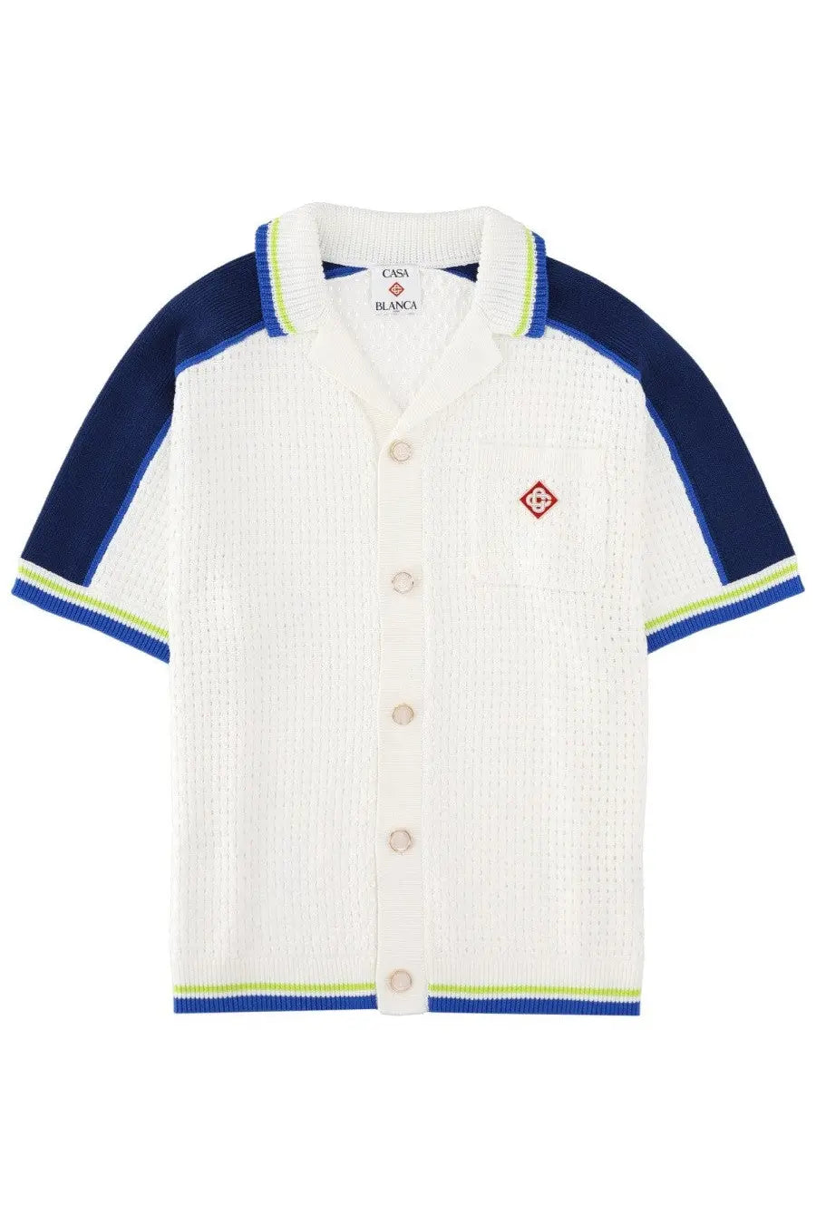 Casablanca men’s camicia white knitted cardigan with navy and lime contrast panels button front and red logo