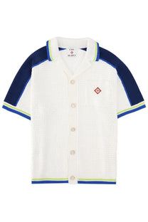 Casablanca men’s camicia white knitted cardigan with navy and lime contrast panels button front and red logo