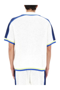 White mesh knit shirt with navy blue and lime green trim from casablanca men’s camicia in crochet multicolor collection