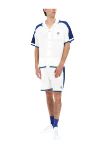 Casablanca men’s white crochet short-sleeve button-up shirt with navy lime trim and red diamond logo on chest pocket