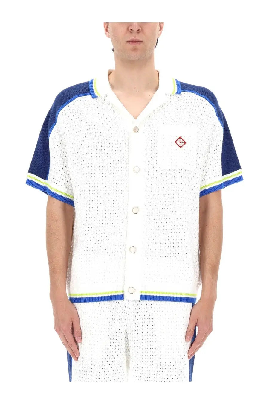 Casablanca men’s camicia white perforated knit cardigan with navy and lime trim button front and red diamond logo