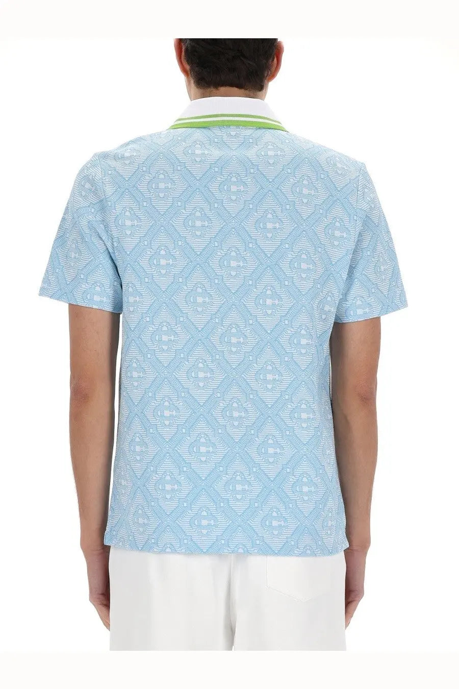 Casablanca men’s cotton polo shirt blue with light blue geometric pattern and lime green collar trim