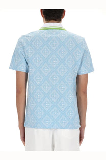 Casablanca men’s cotton polo shirt blue with light blue geometric pattern and lime green collar trim