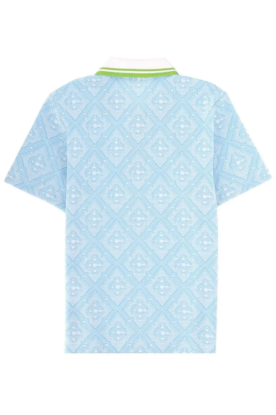 Casablanca men’s cotton polo shirt in light blue with a subtle geometric pattern and white collar with green trim