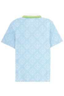 Casablanca men’s cotton polo shirt in light blue with a subtle geometric pattern and white collar with green trim
