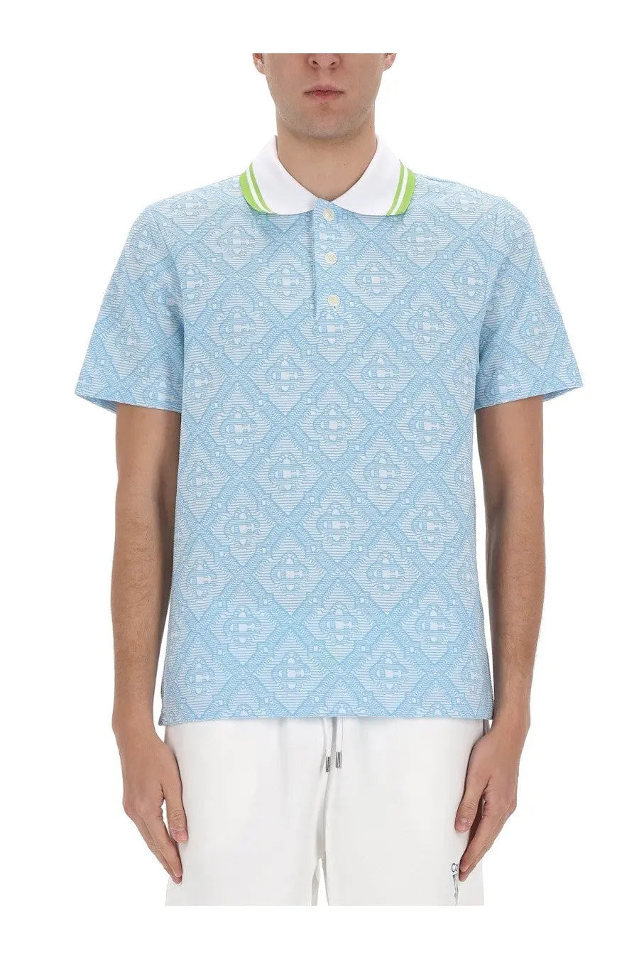 Casablanca men’s cotton polo shirt in light blue with a geometric pattern and white collar with lime green trim