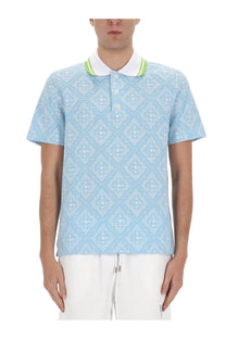 Casablanca men’s cotton polo shirt in light blue with a geometric pattern and white collar with lime green trim