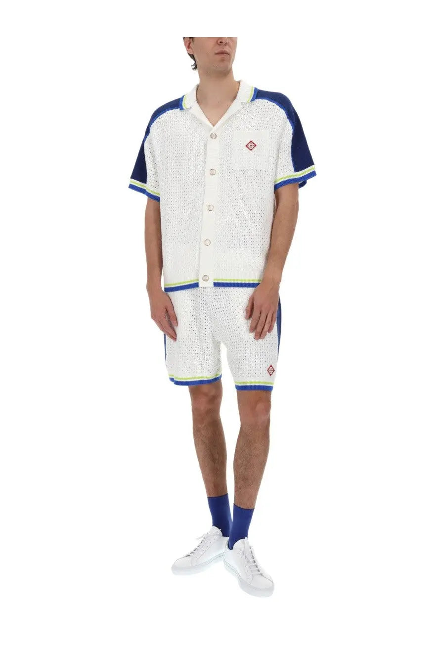 Casablanca men’s white knit button-up shirt with navy sleeves and lime green piping on collar cuffs and hem