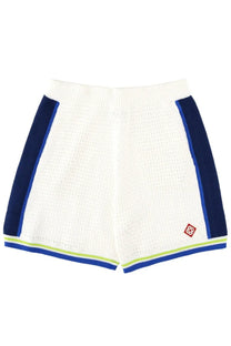 Casablanca men’s crochet white knit shorts with navy blue side panels lime green trim ribbed waistband and hem